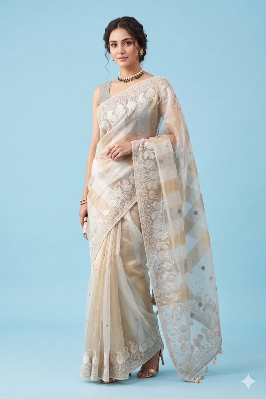 Off-White organza silk saree with intricate embroidery for party wear, paired with an unstiched blouse from Saarang Sarees.