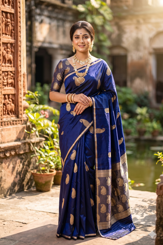 Deep navy blue Katan Mashru silk Banarasi handloom saree with intricate gold motifs and an unstiched blouse for traditional wear.