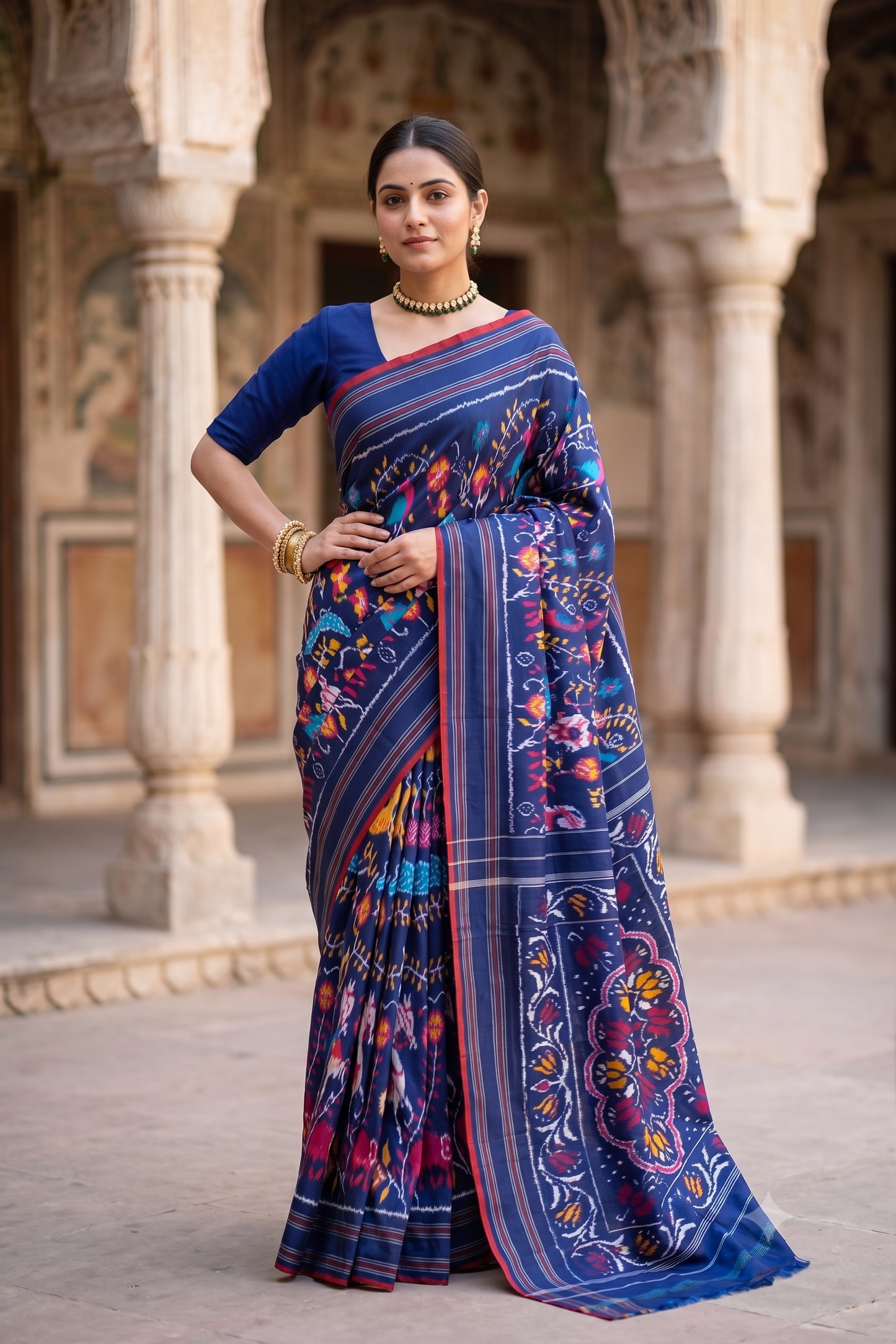 Navy Blue Pochampally Ikat Silk Saree, With Unstiched Blouse