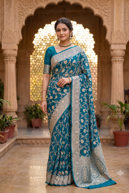 Firozi Georgette Khaddi Embroidery Saree, With Unstiched Blouse
