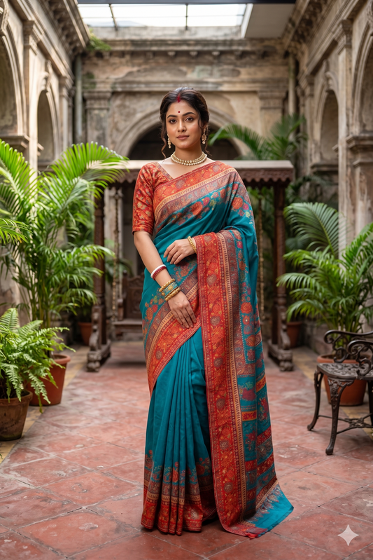 Teal Blue Pure Kani Handloom Silk Saree With Floral Woven Blouse