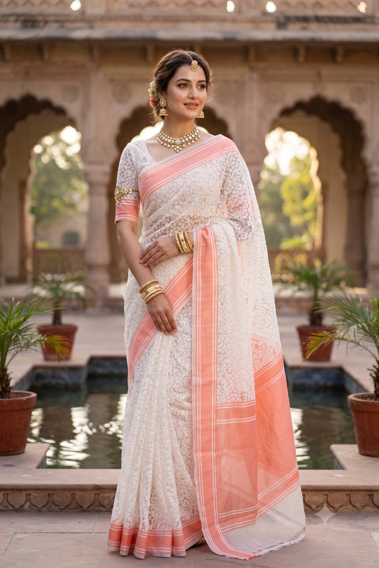White Muslin Jamdani Saree, With Unstiched Blouse