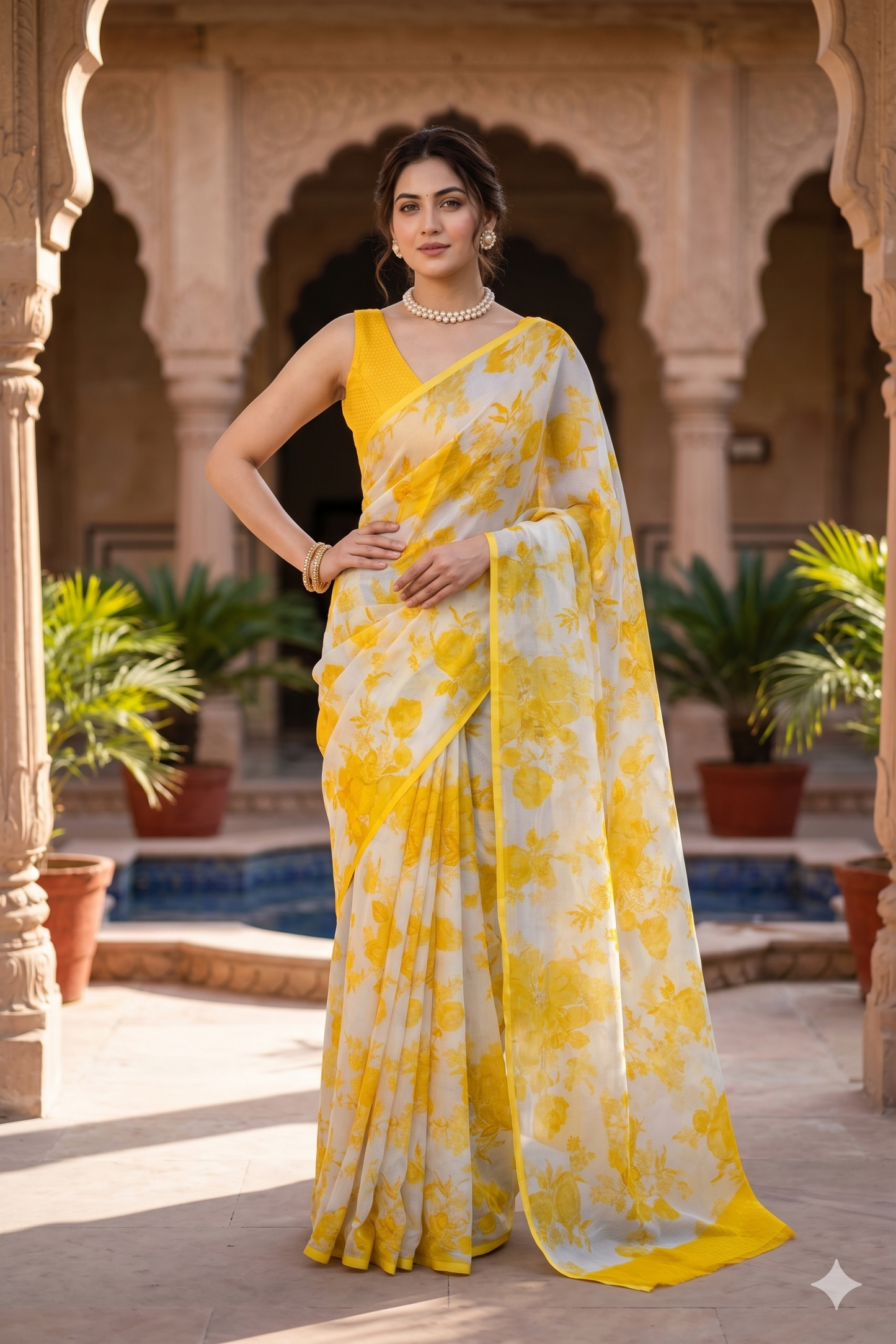 Off-White Yellow Floral Printed Chiffon Saree, With Unstiched Blouse Piece