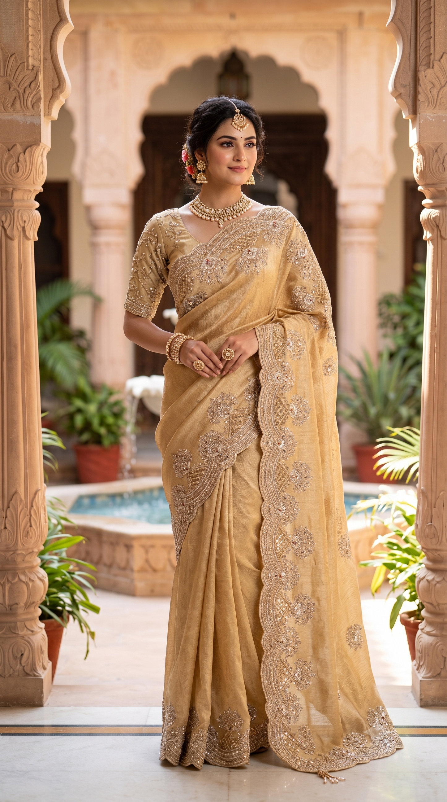 Golden Beige Tissue Kanjeevaram Silk Sarees With Embroidery Work, With Unstiched Blouse