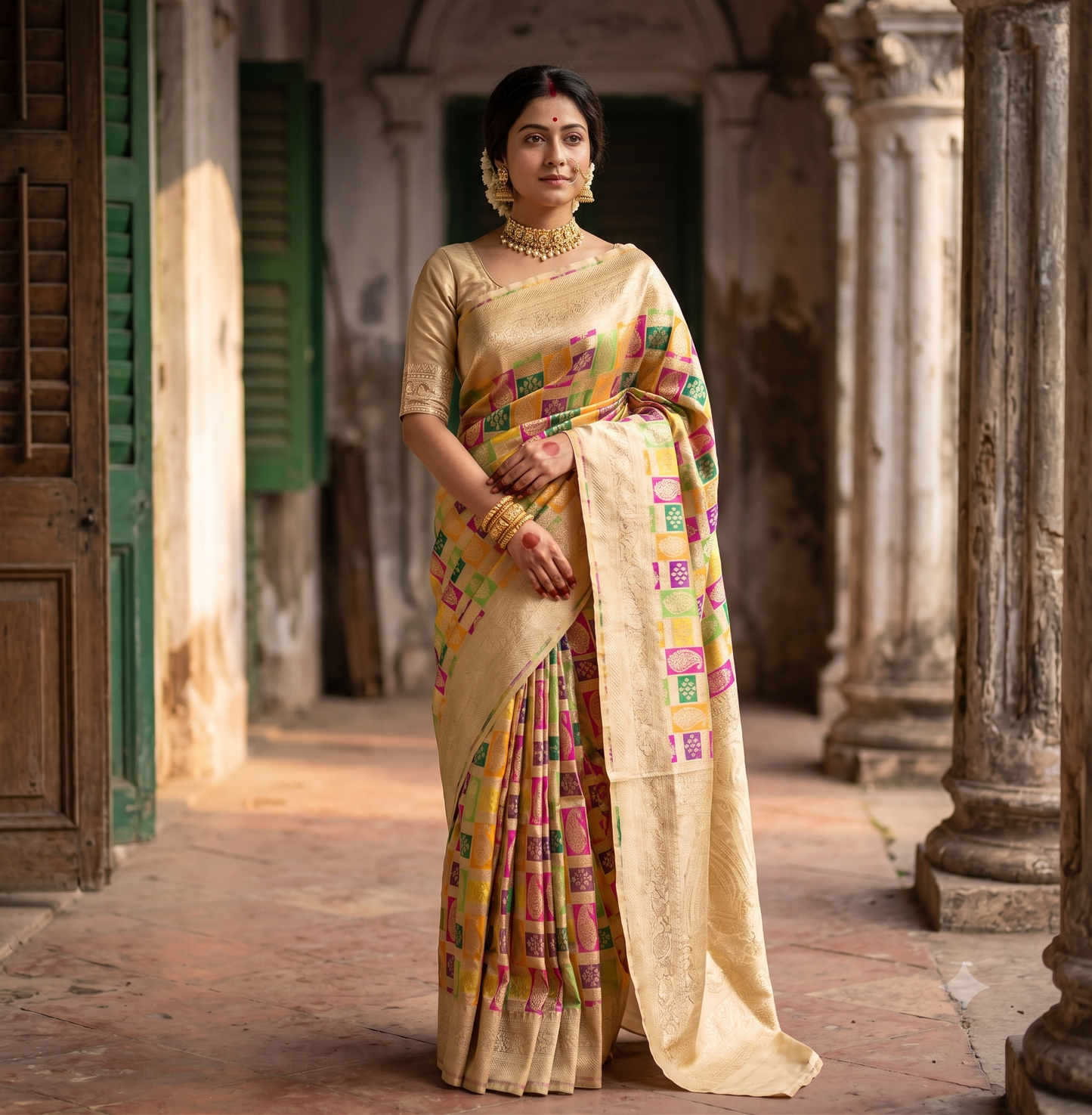 Golden Beige Kadiyal Banarasi Rangkat Design Saree, With Unstiched Blouse