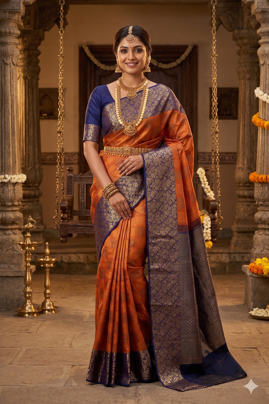 Orange pure Kanjeevaram silk saree with traditional gold zari border and matching unstiched blouse, elegant Indian ethnic wear.