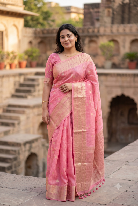 Pink Linen Banarasi Saree With Unstiched Blouse
