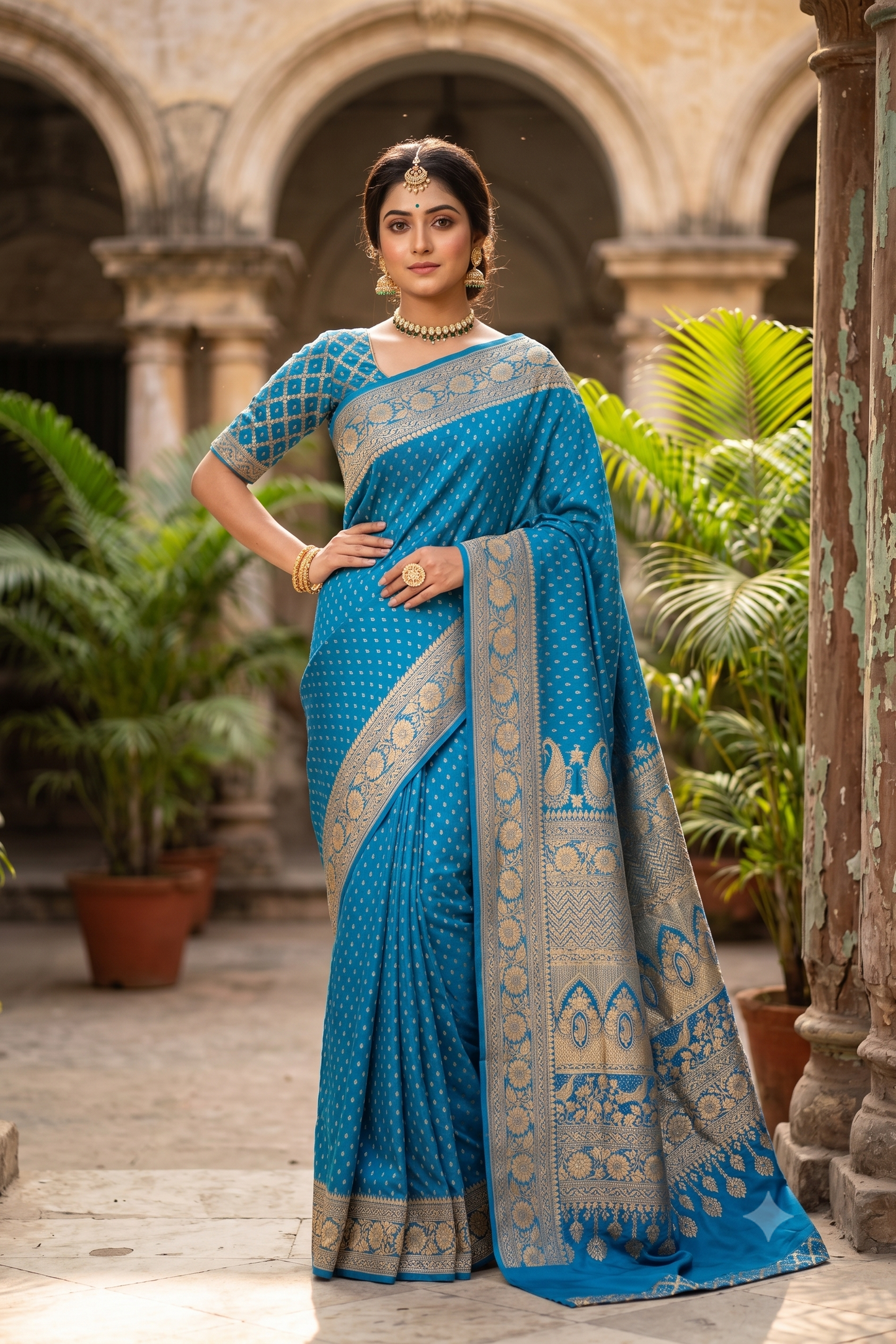 Royal Blue Crepe Khaddi Banarasi Silk Saree With Unstiched Blouse
