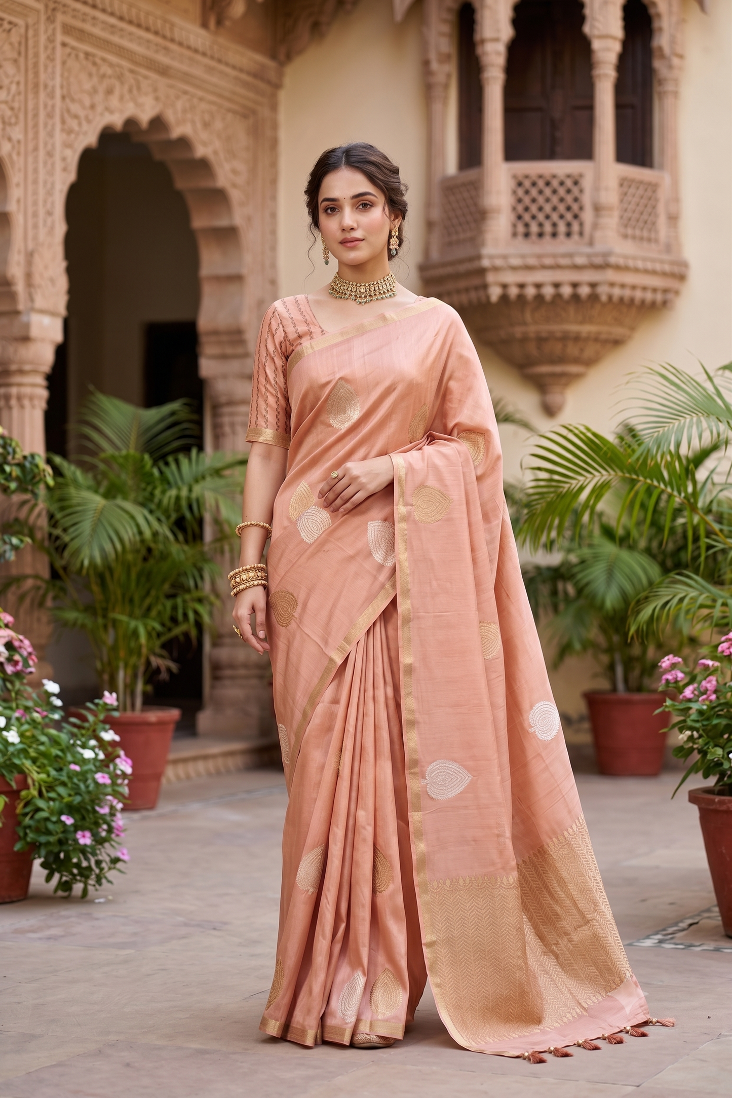Peach Mashru Silk Banarasi Handloom Saree, With Unstiched Blouse