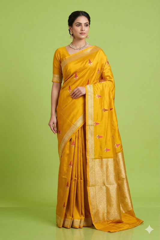 Mustard Yellow Katan Mashru Silk Banarasi Handloom Saree, With Unstiched Blouse