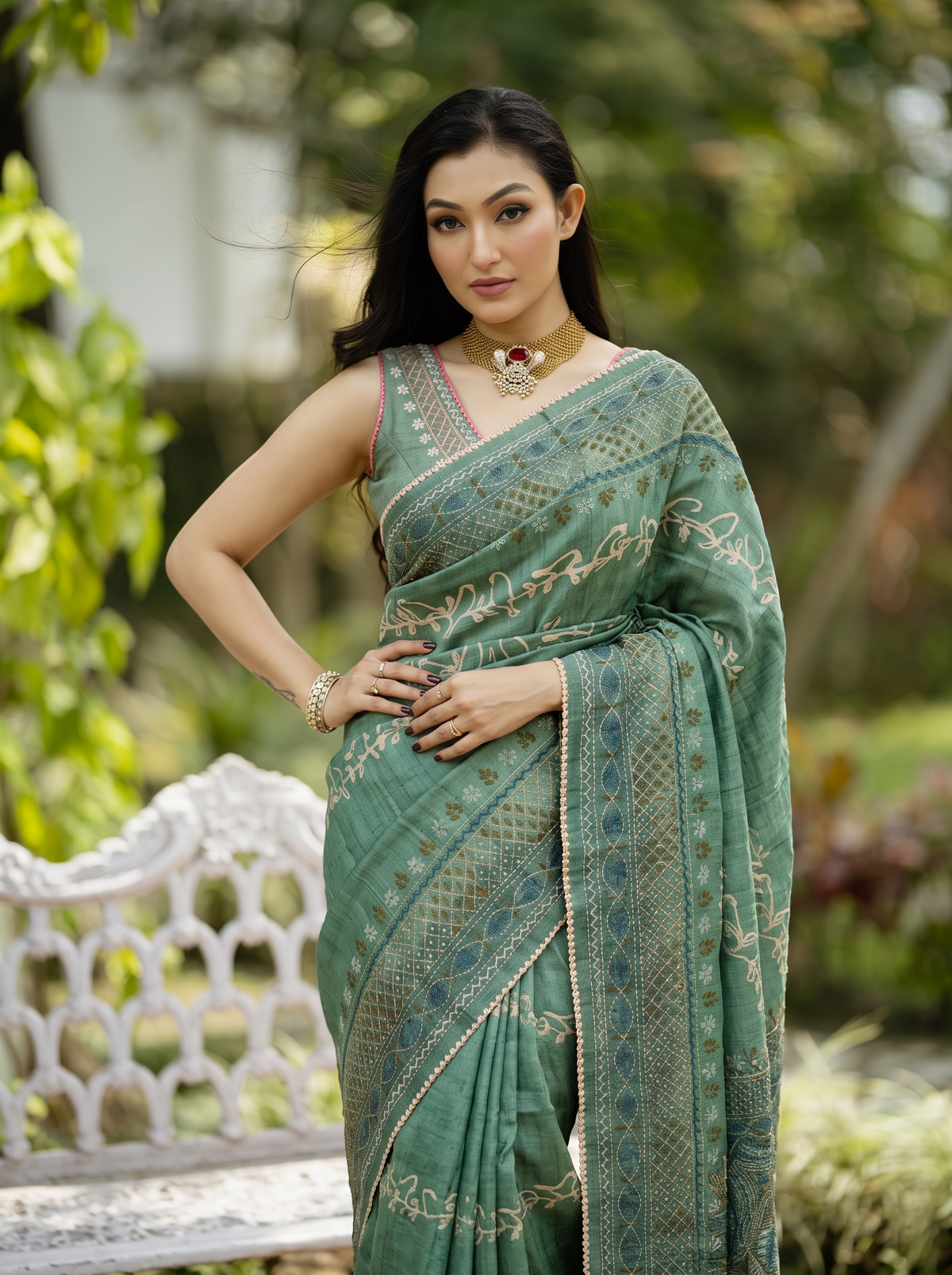 Sea Green Tussar Hand Embroidery Saree, With Unstitched Blouse