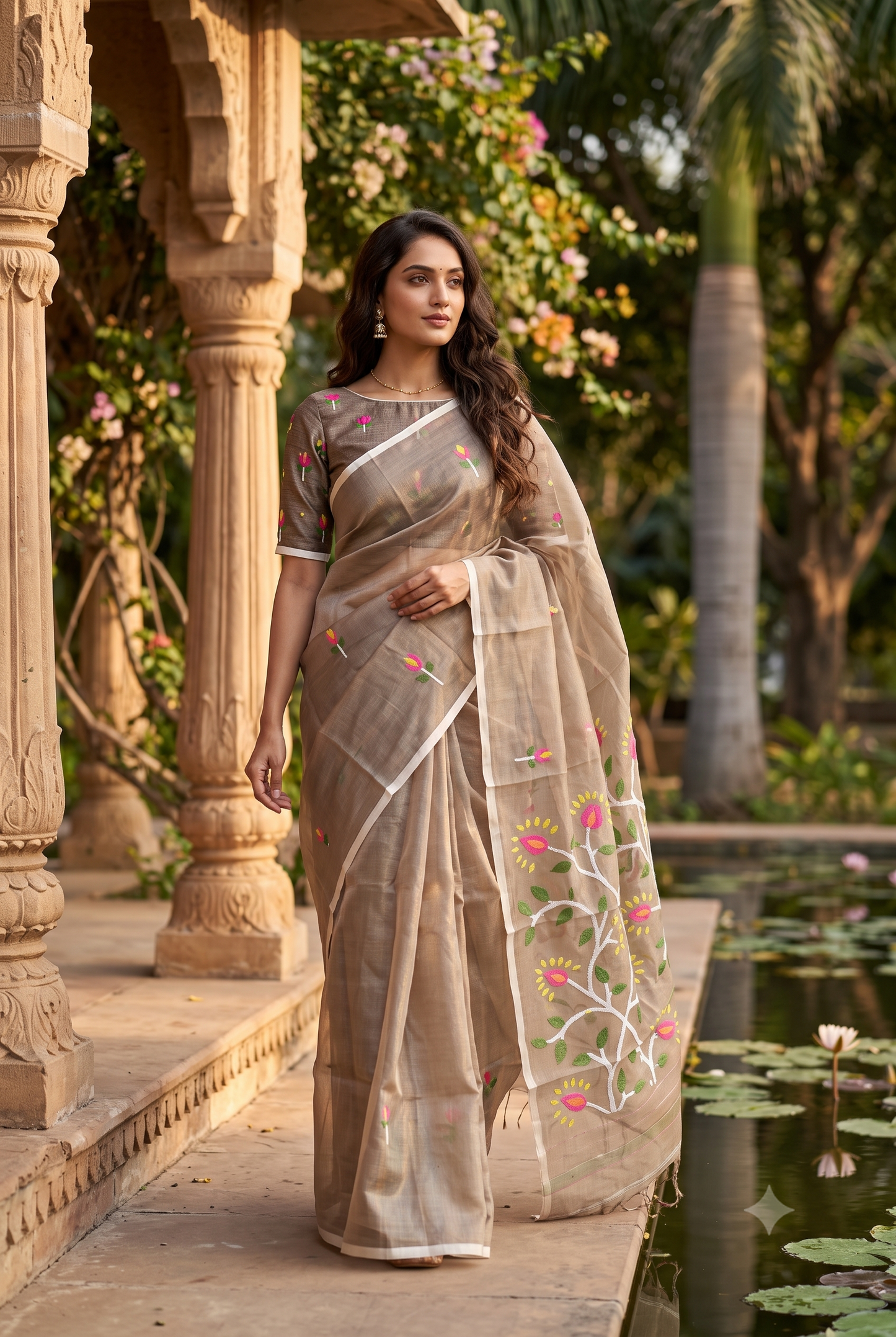 Light Brown Muslin Dhakai Saree, Without Blouse