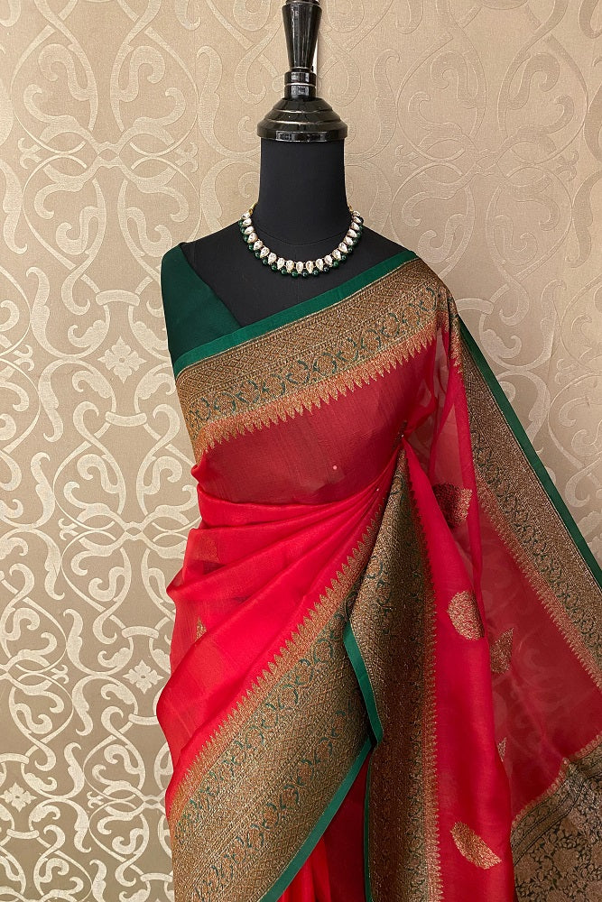 Red Kora Banarasi Silk Saree, With Unstiched Blouse
