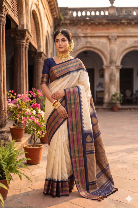 Off-White Gadwal silk saree with intricate zari work and matching unstitched blouse, traditional Indian wear by Saarang Sarees.