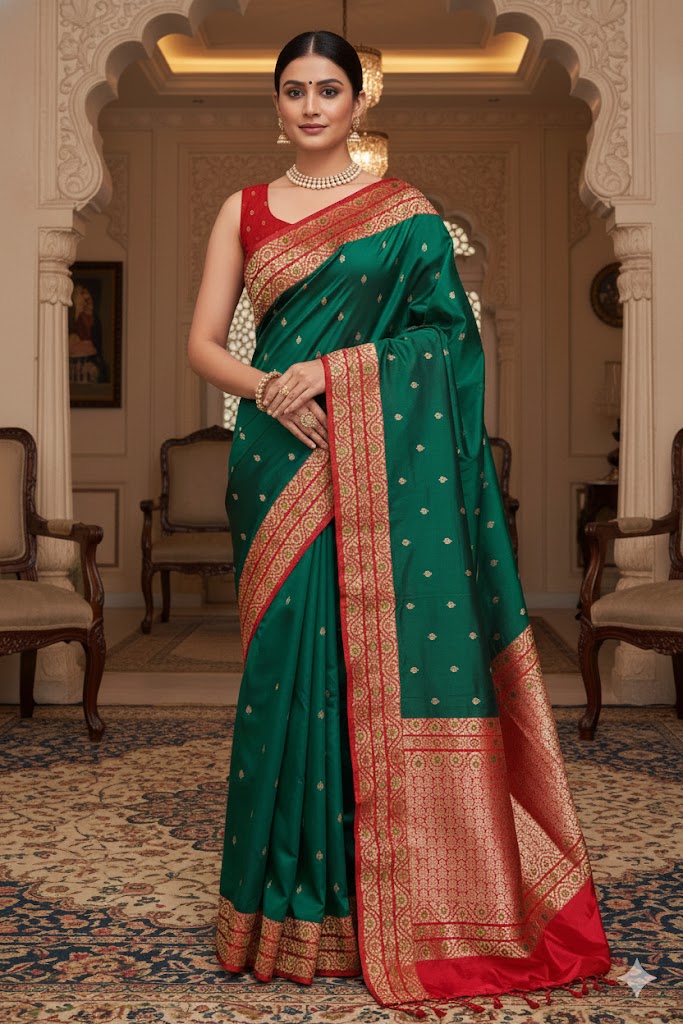 Bottle Green Katan Banarasi Saree Hand Woven Work, With Unstiched Blouse