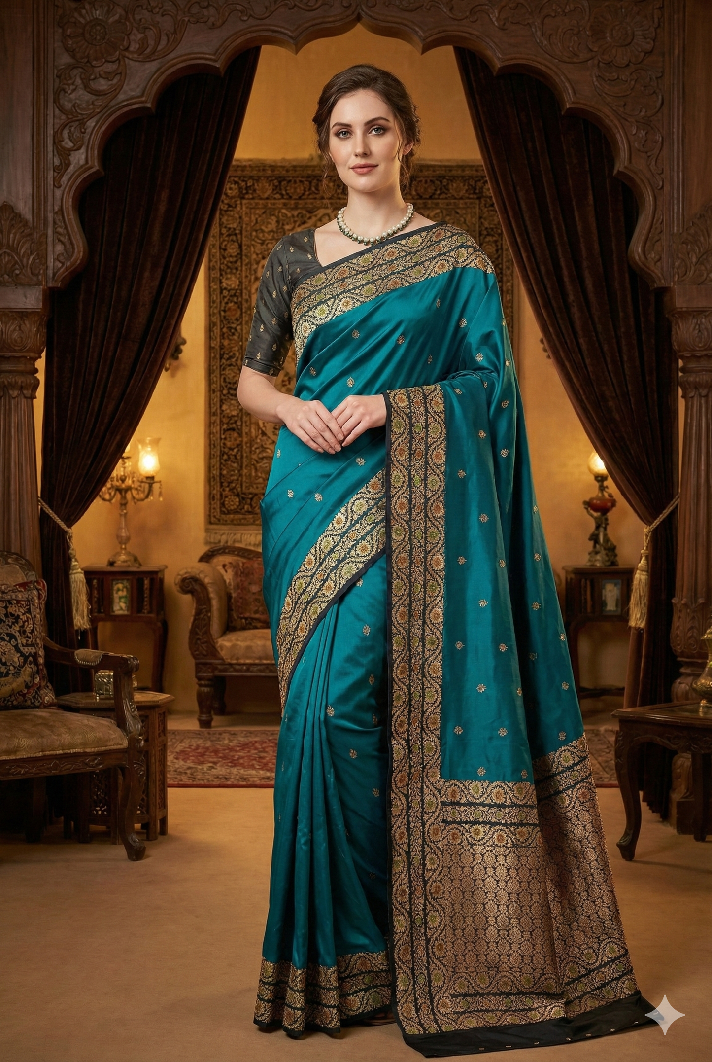 Teal Blue Katan Banarasi Saree Hand Woven Work, With Unstiched Blouse