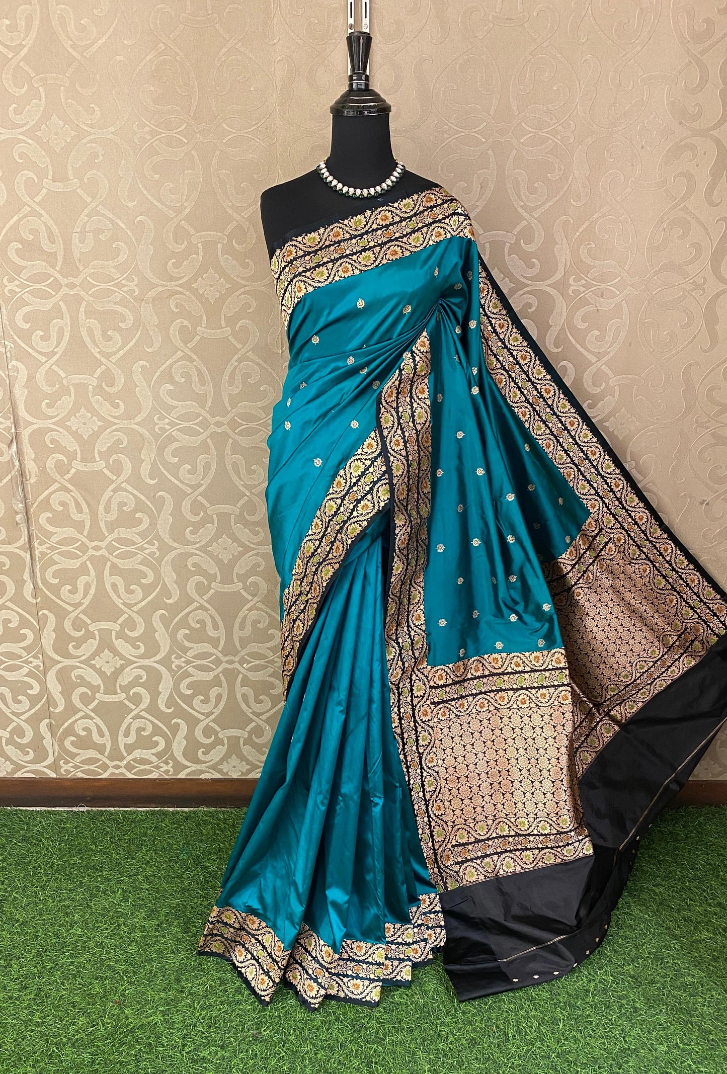 Teal Blue Katan Banarasi Saree Hand Woven Work, With Unstiched Blouse
