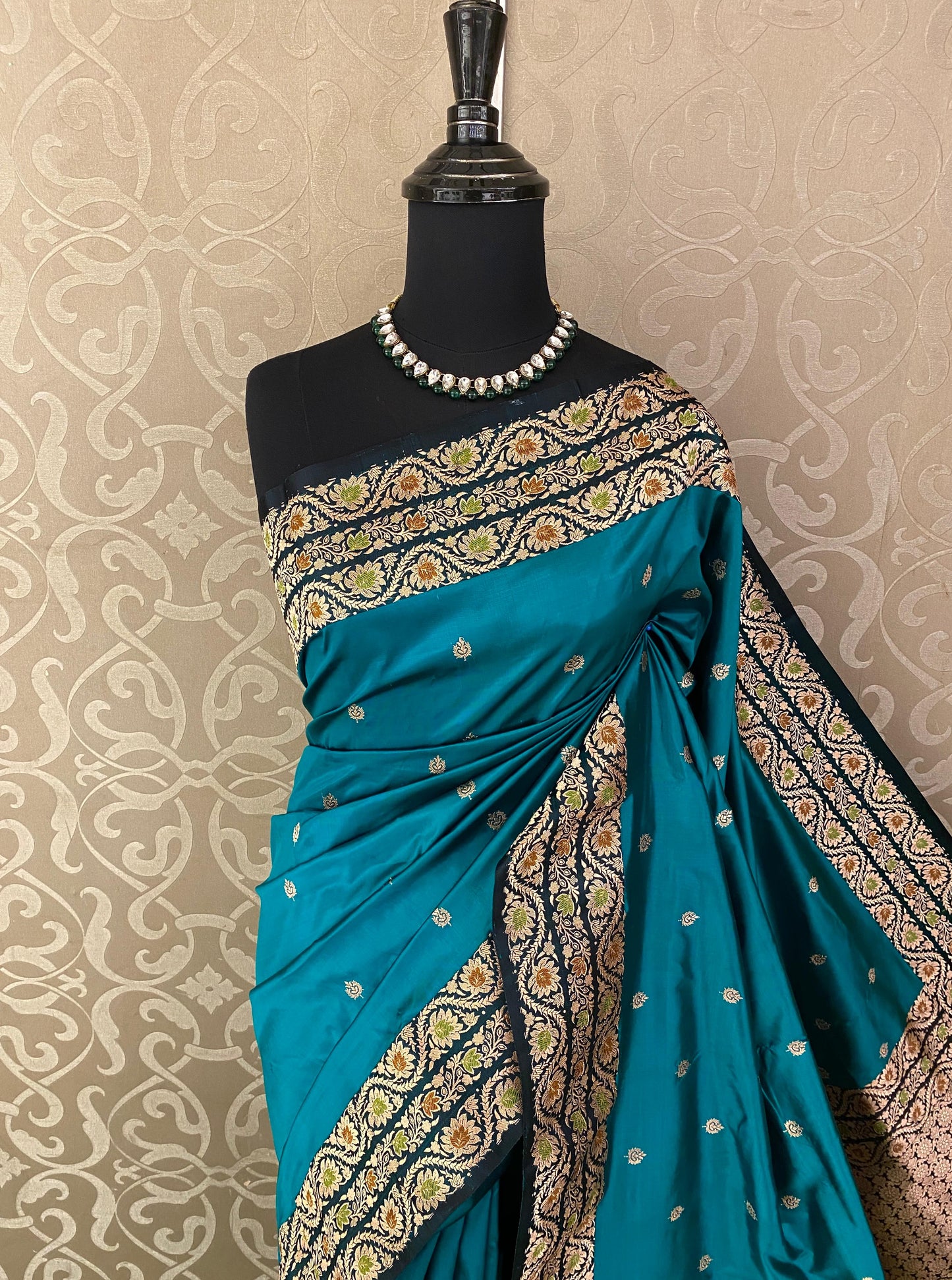Teal Blue Katan Banarasi Saree Hand Woven Work, With Unstiched Blouse