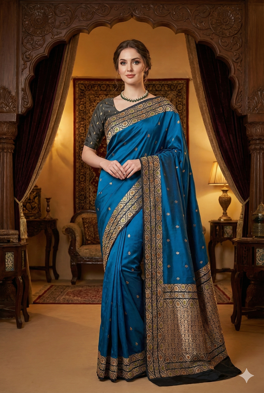 Royal Blue Katan Banarasi Saree Hand Woven Work, With Unstiched Blouse