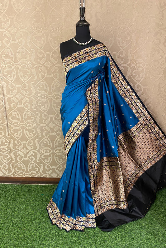 Royal Blue Katan Banarasi Saree Hand Woven Work, With Unstiched Blouse