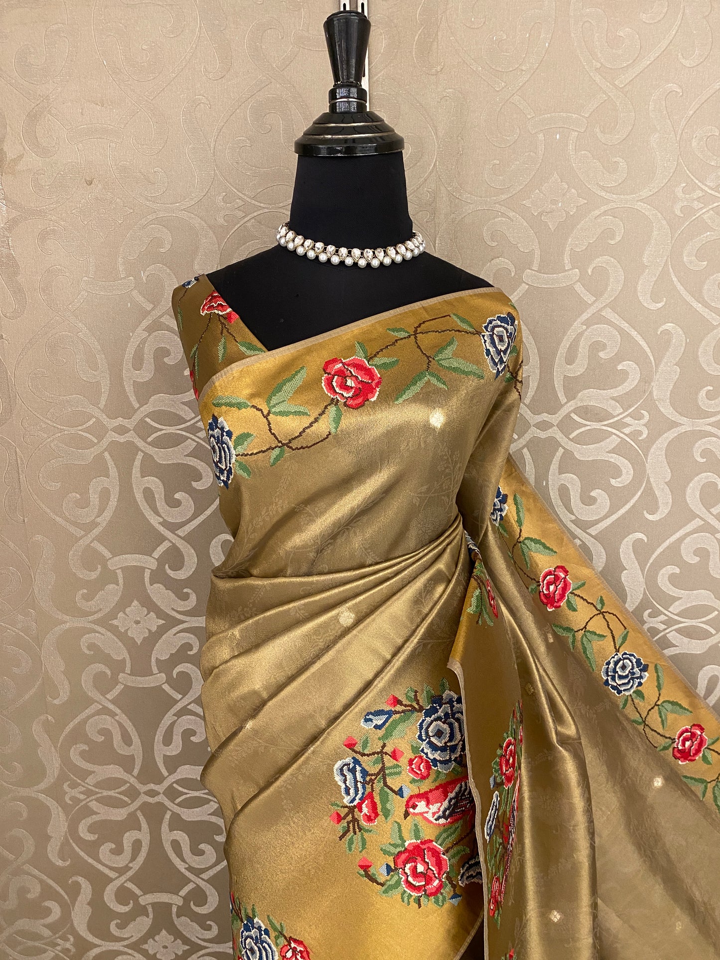 Golden Tissue Embroidery Saree, With Unstiched Blouse