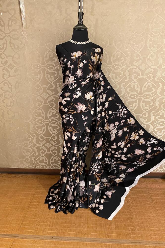 Black Crepe Satin Printed Saree, With Unstitched Blouse