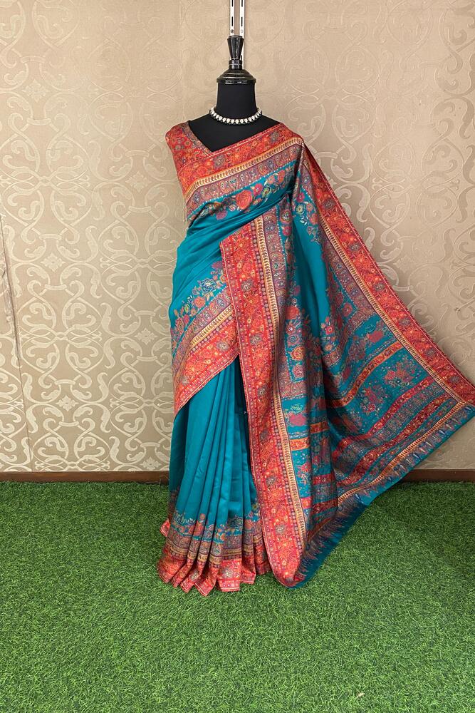 Teal Blue Pure Kani Handloom Silk Saree With Floral Woven Blouse
