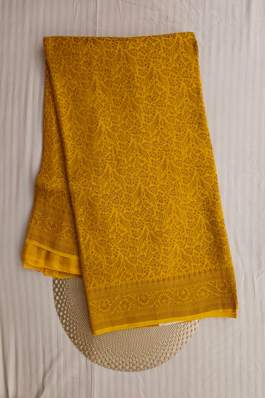 Mustard Yellow Semi Brocade Silk Saree, With Unstiched Blouse