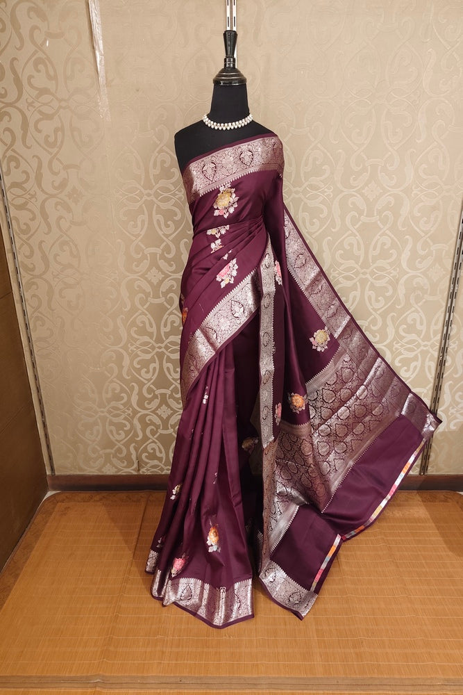 Wine Chiniya Silk Saree Hand Woven Butas, With Unstiched Blouse