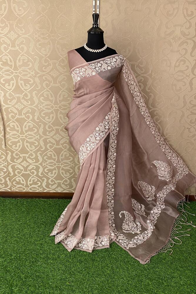 Light Brown Organza Silk Resham Embroidery Saree, With Unstiched Blouse