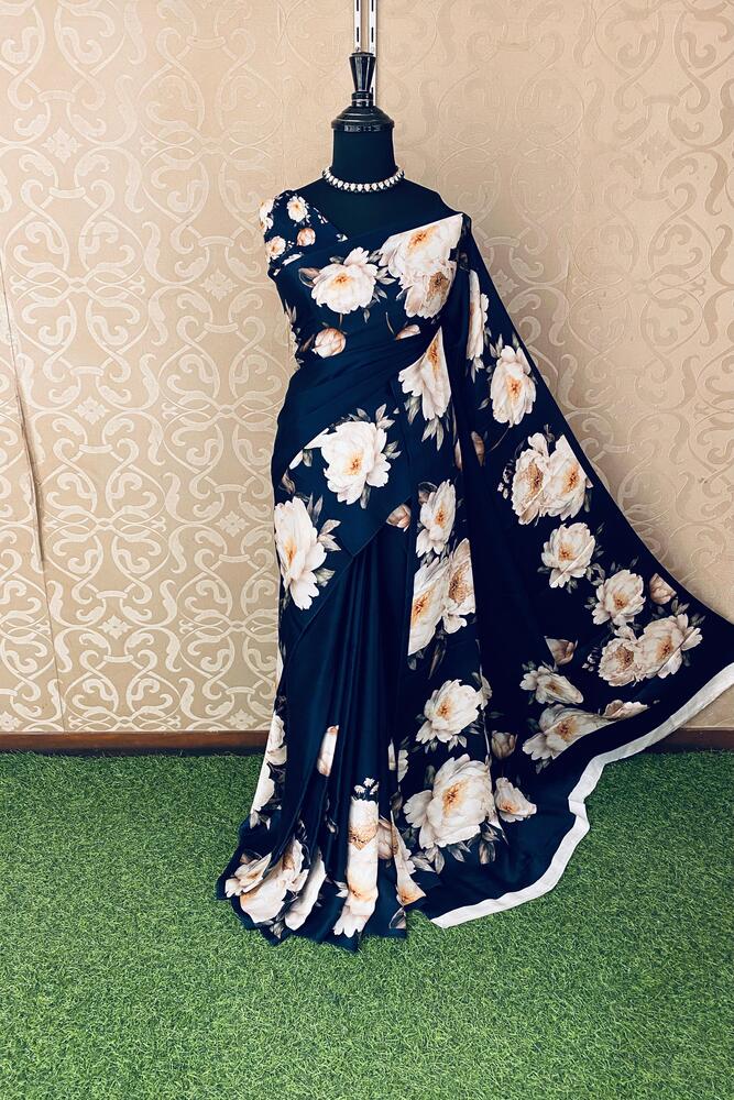 Dark blue and white floral printed satin crepe saree with unstiched blouse, perfect for party wear by Saarang Sarees.