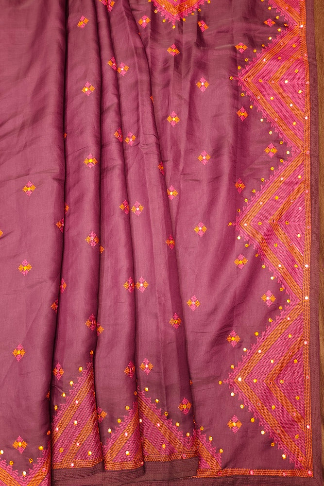 Deep Purple Semi Munga Silk Cross Stitch Work Saree, With Unstiched Blouse