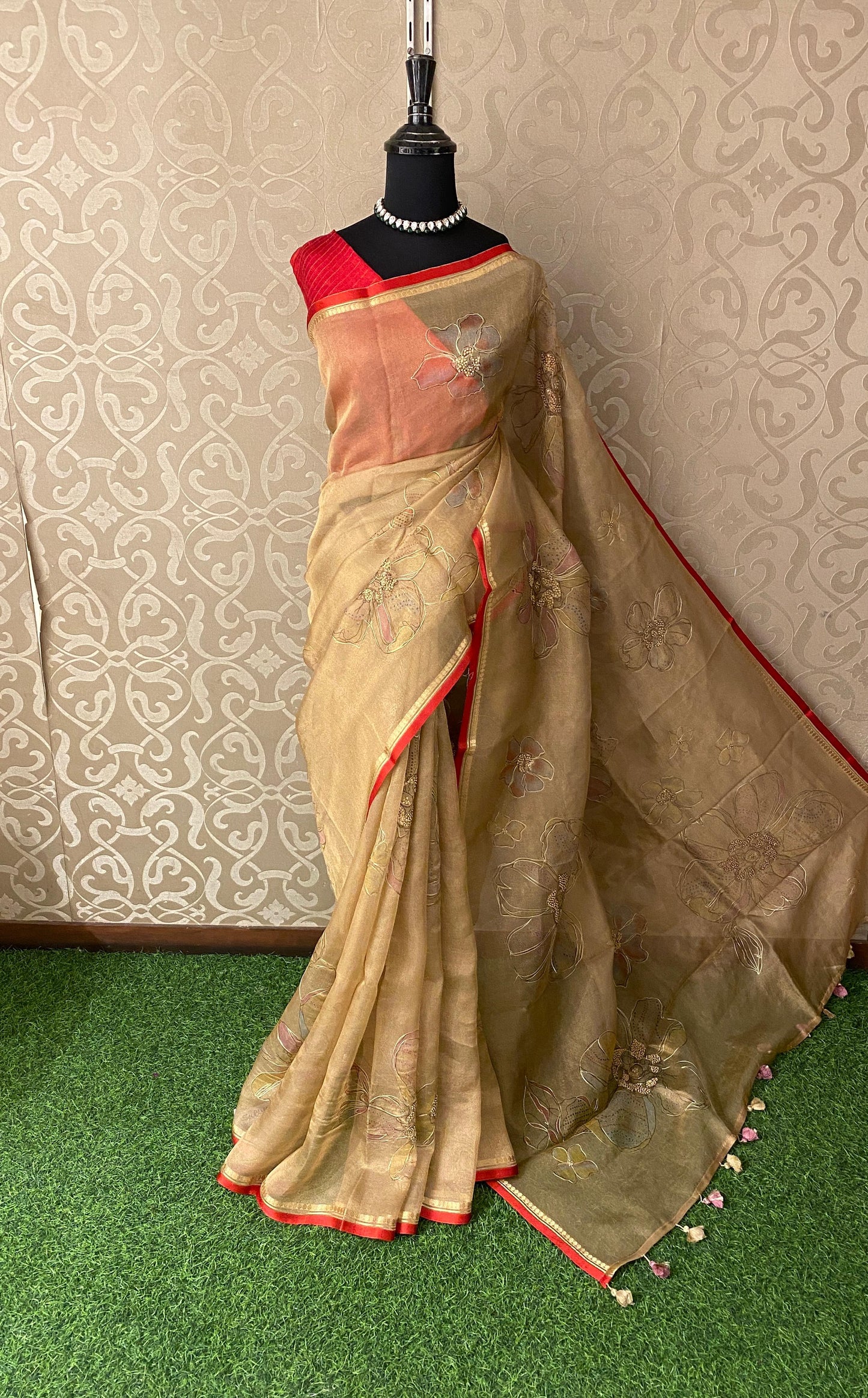 Golden Beige Tissue Organza Silk With Ari Work Saree, With Unstiched Blouse