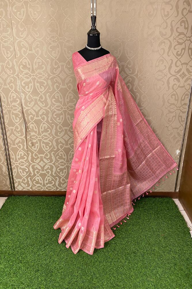 Pink Linen Banarasi Saree With Unstiched Blouse