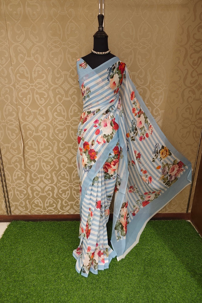White Sky Stripe Floral Printed Chiffon Saree, With Unstiched Blouse Piece