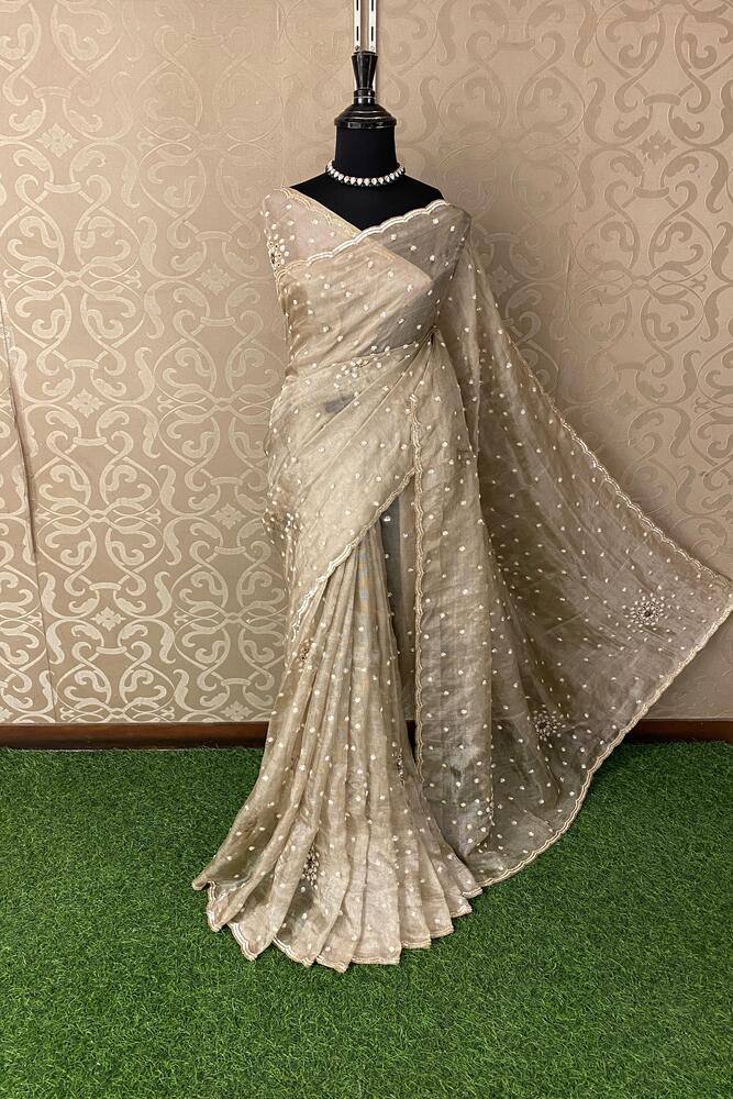 Grey Tissue Embroidery Saree, With Unstiched Blouse