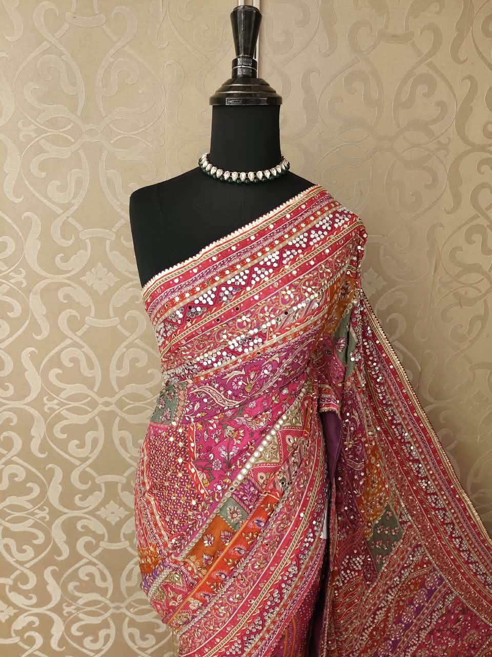 Rani & Multi Crepe Printed Stone Work Saree, With Readymade Blouse