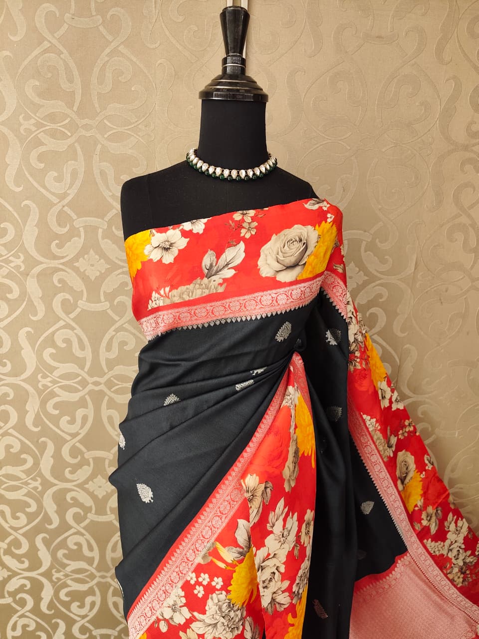 Black Tussar Banarasi Saree With Digital Mashru Border Print, With Unstiched Blouse