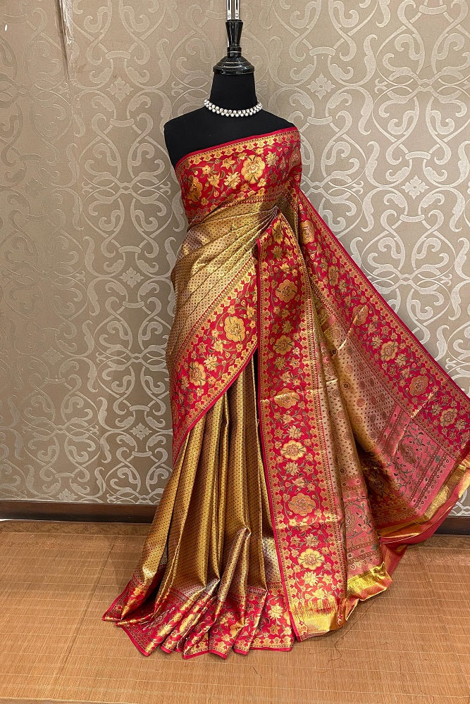 Beige Gold Tissue Kanjeevaram Silk Saree, With Unstiched Blouse - Saarang Sarees
