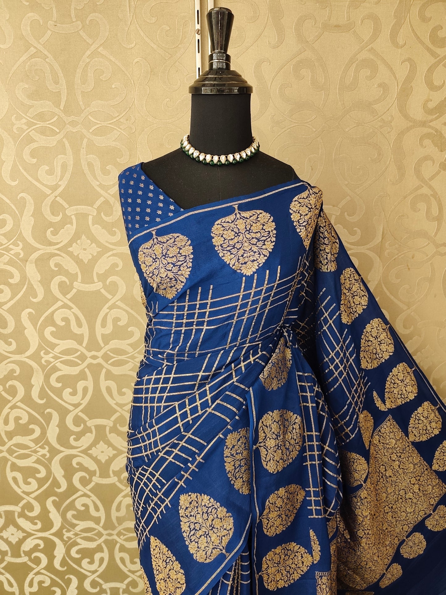 Deep Blue Mysore Crepe Silk Banarasi Saree, With Unstiched Blouse