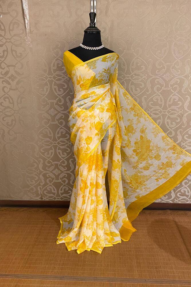 Off-White Yellow Floral Printed Chiffon Saree, With Unstiched Blouse Piece