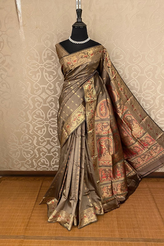Chocolate Brown Hand Woven Baluchari Silk Saree, With Unstihed Blouse