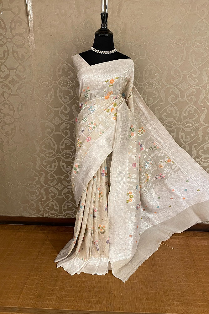 Off-White Tussar Khaddi Handwoven Saree With Meenakari Work, With Unstiched Blouse - Saarang Sarees