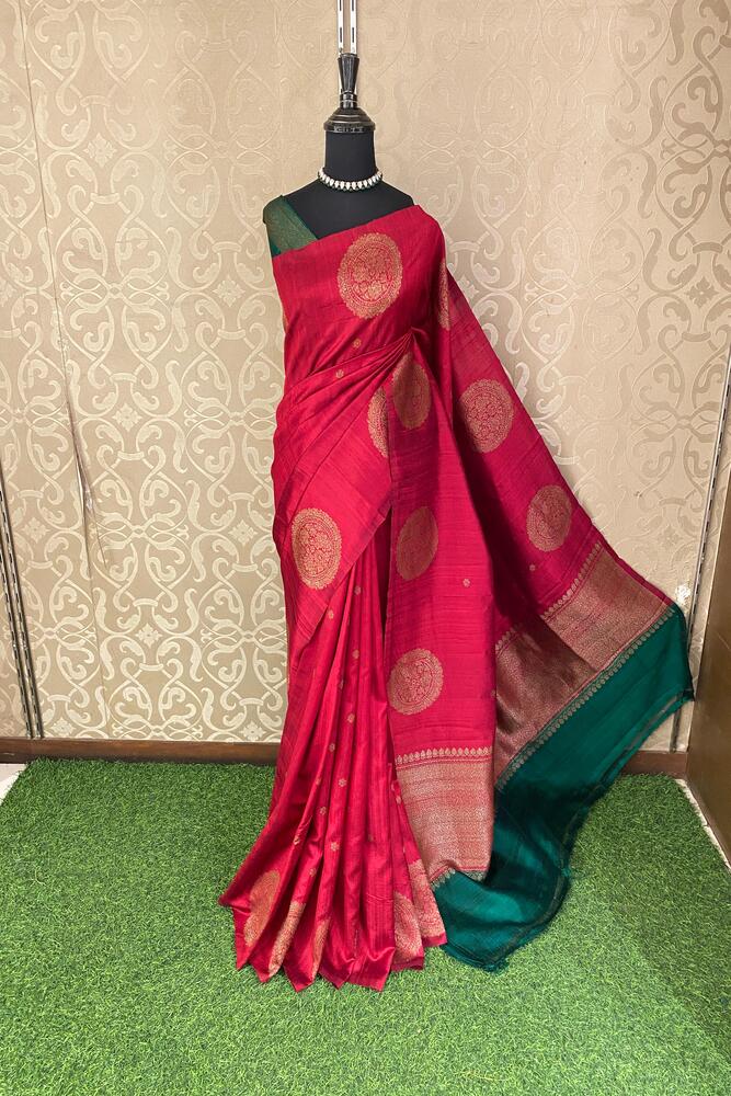 Maroon Pure Raw Tussar Banarasi Silk Saree, Hand Woven Motifs With Unstiched Blouse