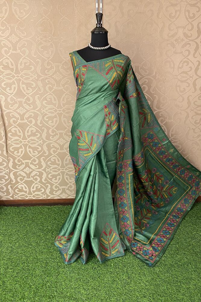 Deep Green Tussar Embroidery Saree With Lambani Work Border, With Unstitched Blouse