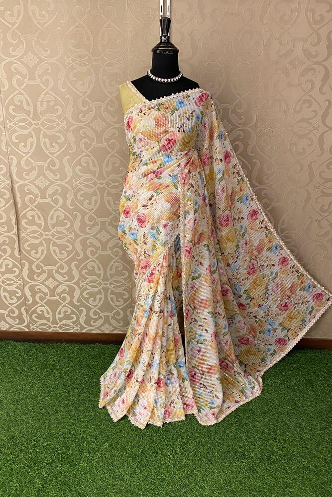 Multi Printed Georgette Sequin Saree, With Unstiched Blouse