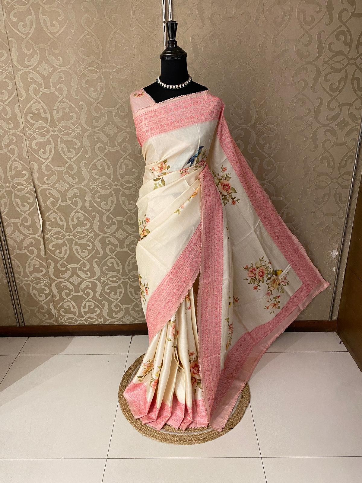 Off-White Tussar Resham Embroidery Saree, With Unstiched Blouse
