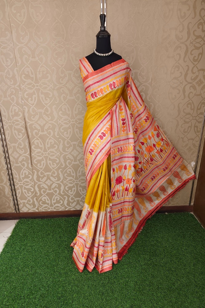 Mustard Yellow Tussar Embroidery Saree With Kantha Work Border, With Unstitched Blouse