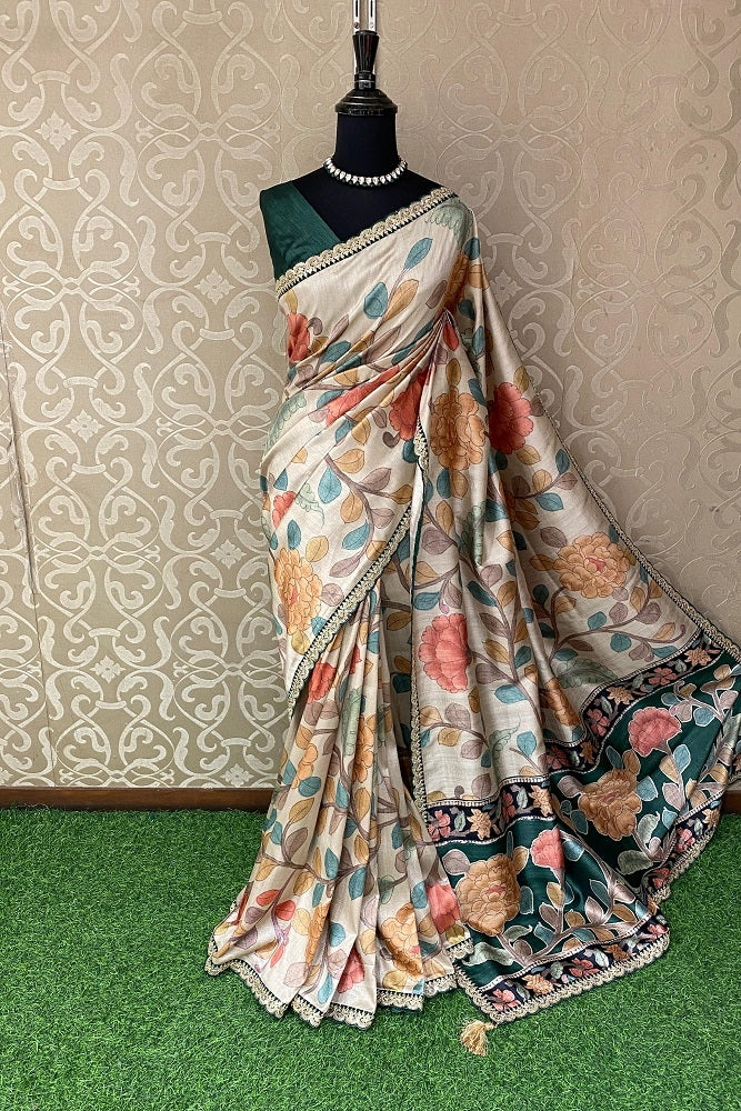 Offwhite Tussar Silk Printed Saree With Embroidery Border, With Unstiched Blouse
