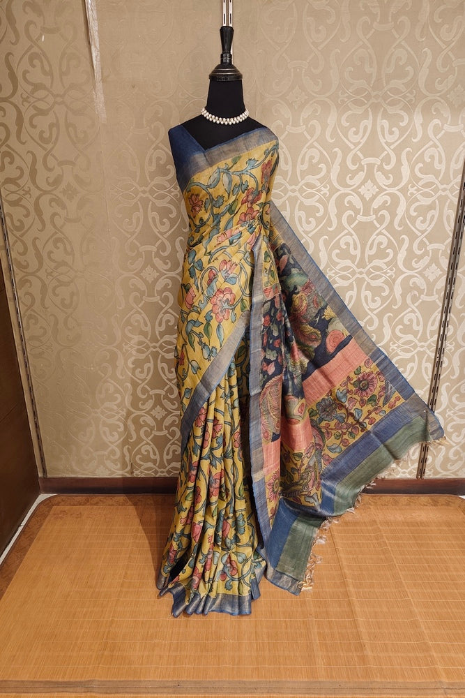Mustard Yellow Tussar Kalamkari Printed Work Saree, With Unstiched Blouse